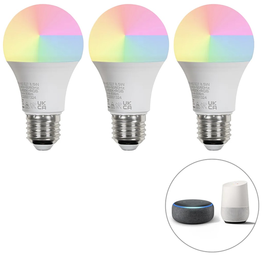 Set van 3 smart E27 LED lampen A60 mat RGBW 8,5W 806 lm 2700K