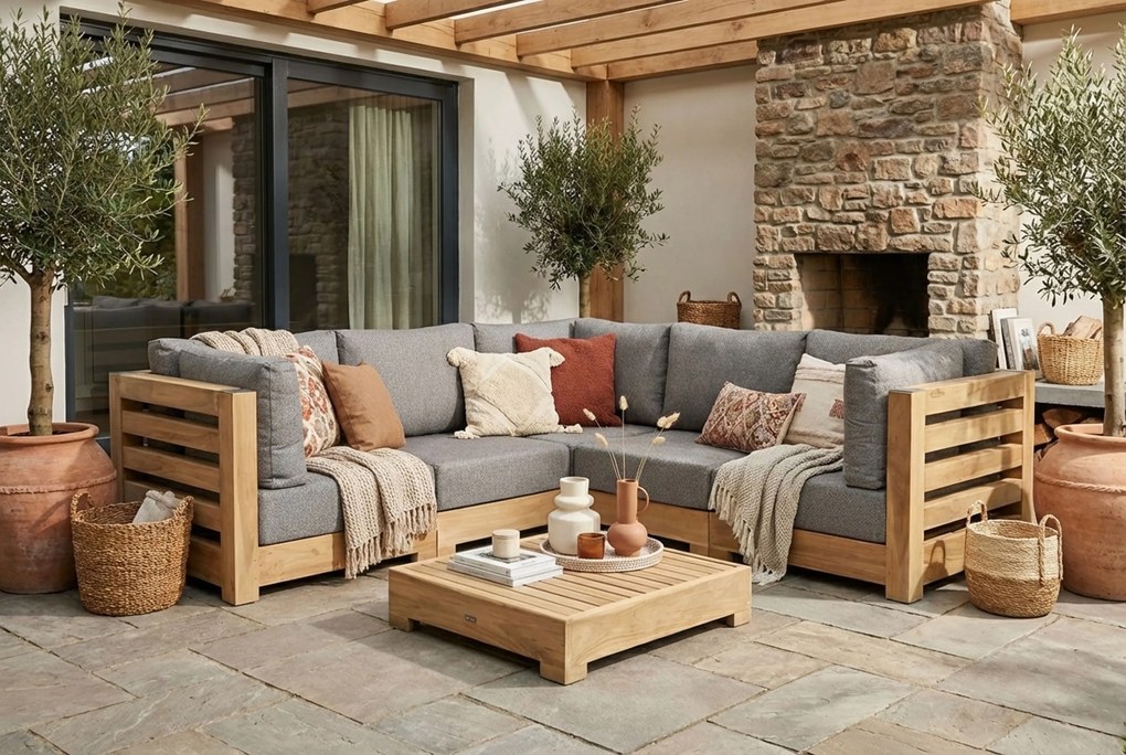 Hoek loungeset 4 personen Teak Old teak greywash  Santika Furniture Santika