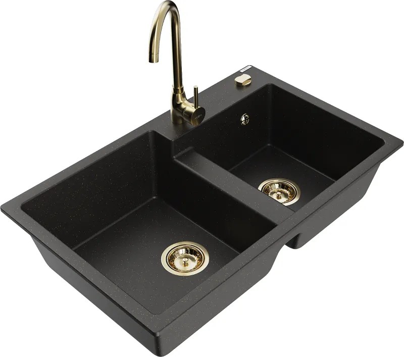 Mexen Tomas granieten gootsteen 2-kamer met keukenkraan Telma, zwart/gouden metallic - 6516-75-670200-50