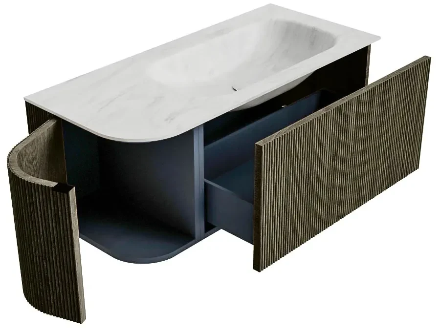 Mondiaz Kurve-dlux 105cm badmeubel ronding links shadow met 1 lade en deur en wastafel big small rechts zonder kraangat opalo