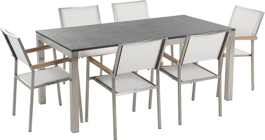 Tuinset gebrand graniet/RVS zwart enkel tafelblad 180 x 90 cm met 6 stoelen wit GROSSETO