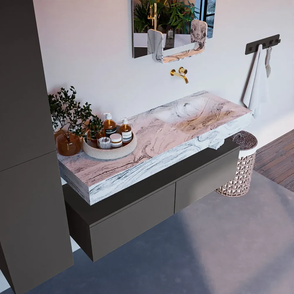 Mondiaz Alan DLux badmeubel 130cm dark grey 2 lades met wastafel glace rechts zonder kraangat