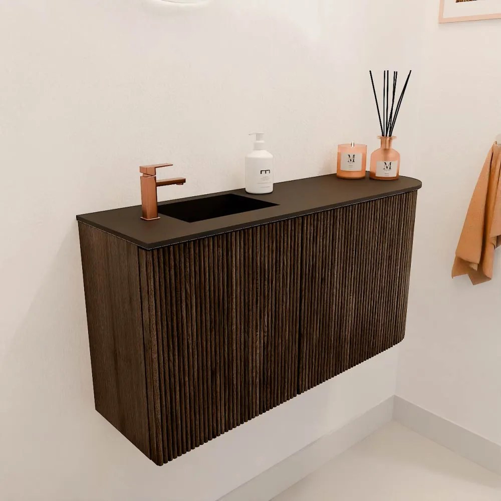 Mondiaz Joya 80cm toiletmeubel ronding rechts walnut met wastafel faye links 1 kraangat urban
