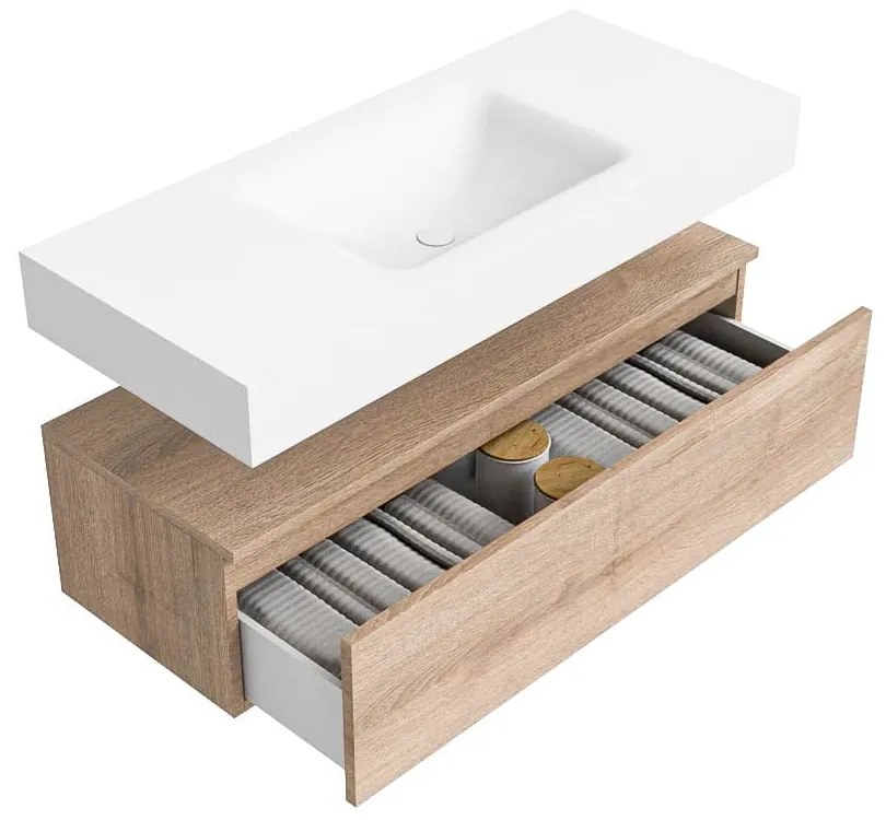 Zaro Alan badmeubel 110cm washed oak 1 lade met vrijhangende wastafel cloud midden zonder kraangat talc
