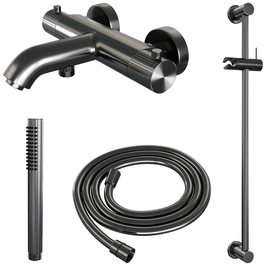 Brauer Stripe thermostatische badkraan met glijstang en staafhanddouche gunmetal geborsteld PVD
