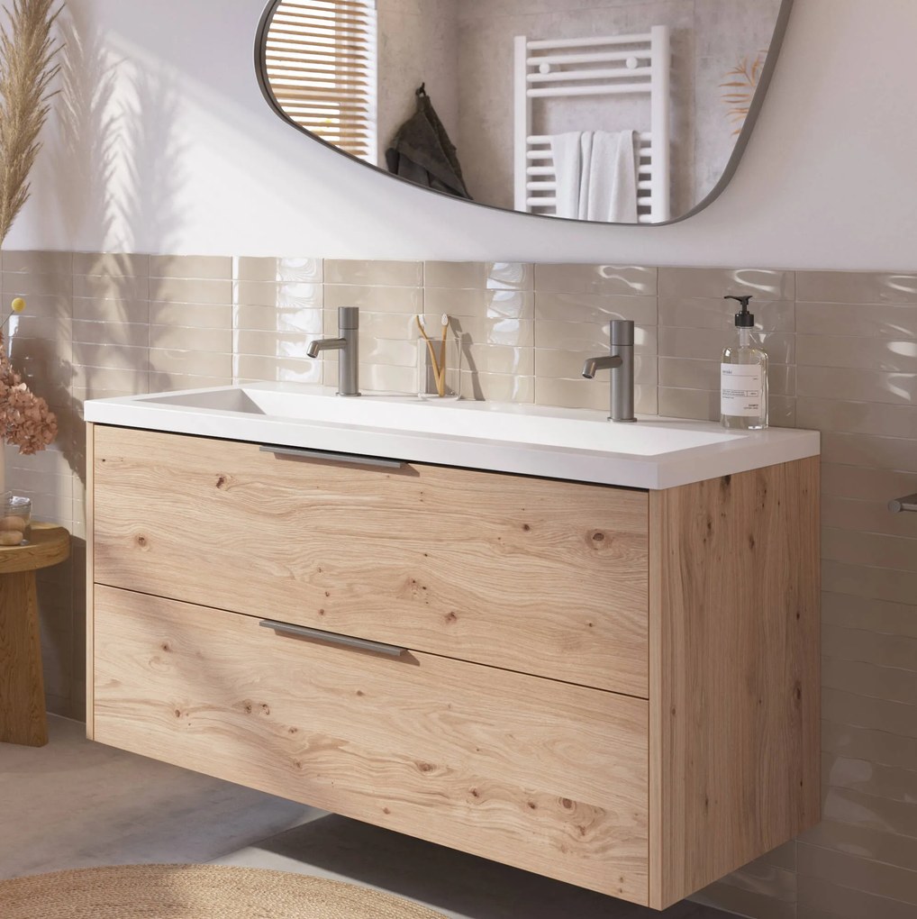 Saqu Lima badmeubel incl. mat witte wastafel met 2 kraangaten 120x52x64cm naturel eiken – rvs greep