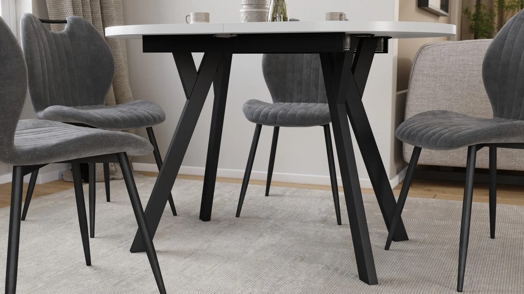 Mazzoni ALMO Wit mat / zwarte poten - OVALE UITSCHUIFTAFEL 120-220 cm VOOR 10-12 PERSONEN