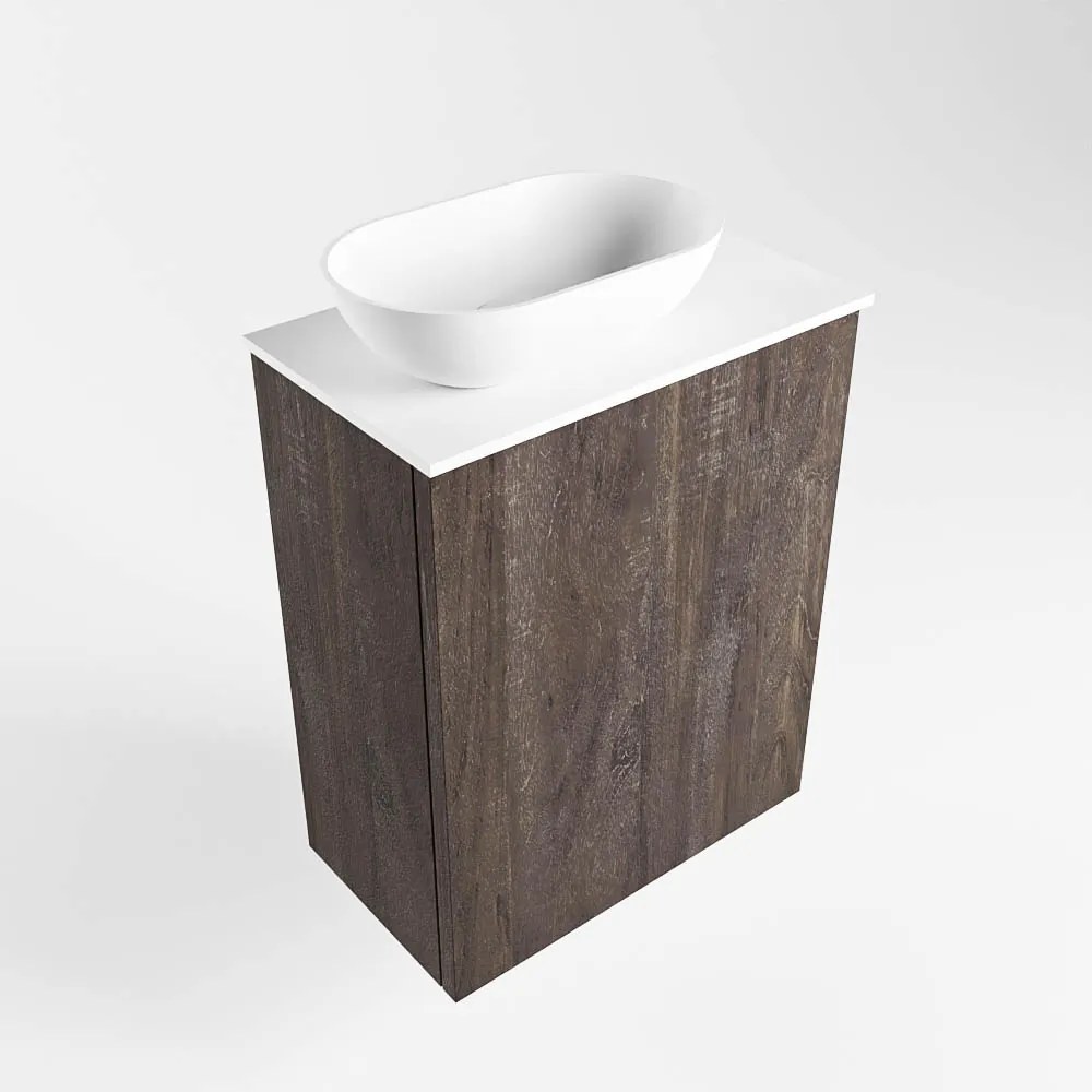 Mondiaz Fowy toiletmeubel 40cm dark brown met witte waskom links en kraangat