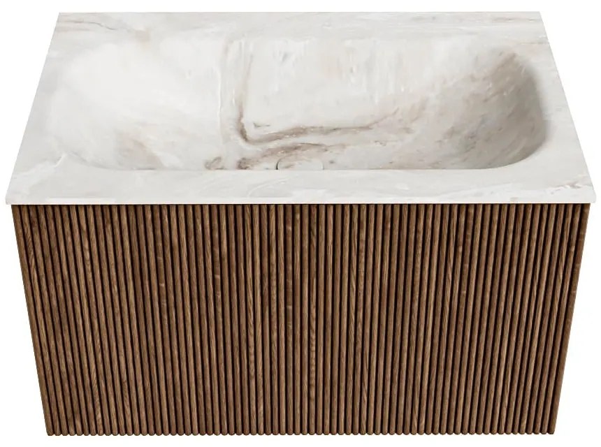 Mondiaz Kurve-dlux 70cm badmeubel walnut met 1 lade en wastafel big small midden 1 kraangat frappe