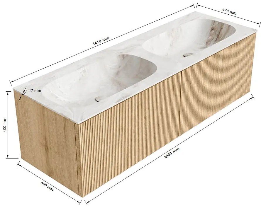 Mondiaz Kurve-dlux 140cm badmeubel oak met 2 lades en wastafel stor small dubbel zonder kraangat glace