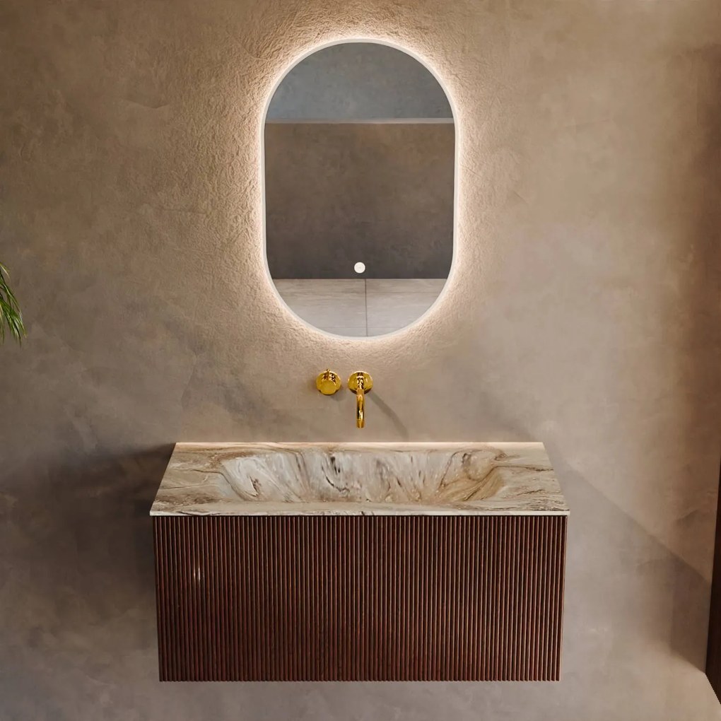 Mondiaz Kurve-dlux 90cm badmeubel ruby met 1 lade en wastafel big small midden zonder kraangat glace