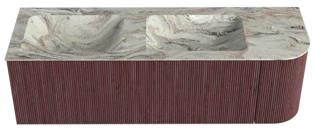 Mondiaz Kurve-dlux 145cm badmeubel ronding rechts ruby met 1 lade en deur en wastafel leaf dubbel/links zonder kraangat glace