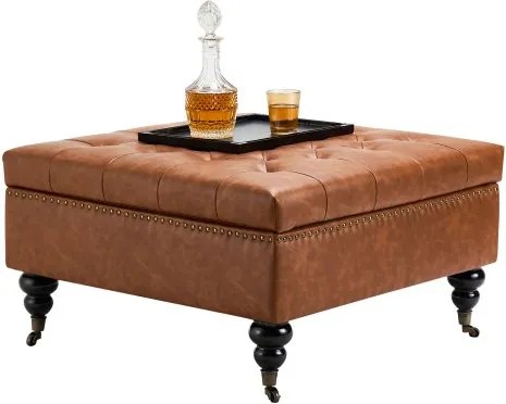VEVOR Vierkante leren poef met opbergruimte, gestoffeerde salontafel met gecapitonneerde knopen en opklapbaar ontwerp, PU-leer met spons met hoge dichtheid voor woonkamer/slaapkamer, bruin