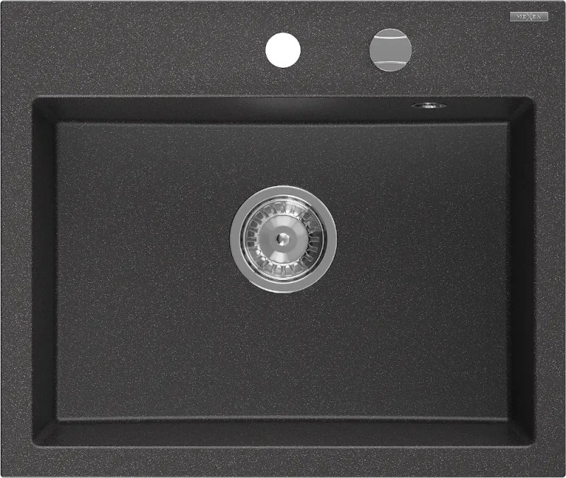 Mexen Oscar granieten gootsteen 1-komorsig 580 x 490 mm, zwart gespikkeld, chromen sifon - 6519581000-76