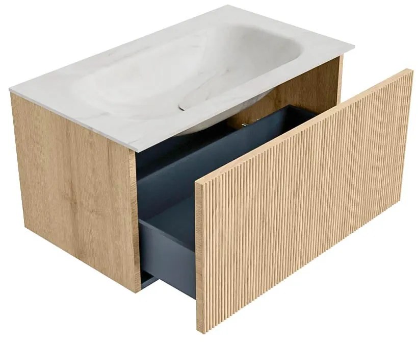 Mondiaz Kurve-dlux 80cm badmeubel oak met 1 lade en wastafel big small midden 1 kraangat ostra