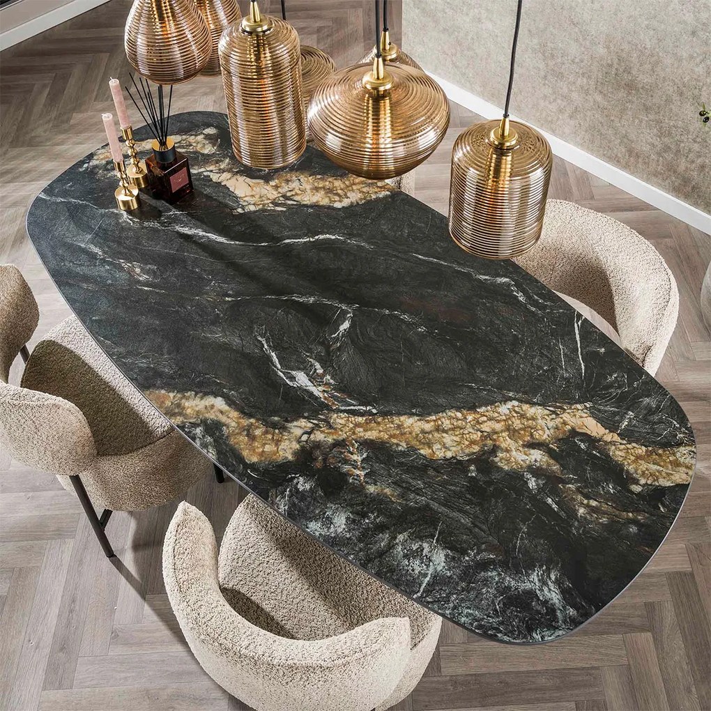 Ovale Eettafel Marmerlook Zwart Goud - 180 X 90cm.