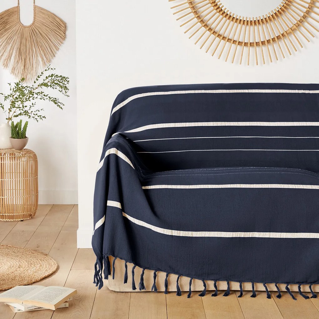 Gestreerpte plaid in katoen met franjes, Nedo