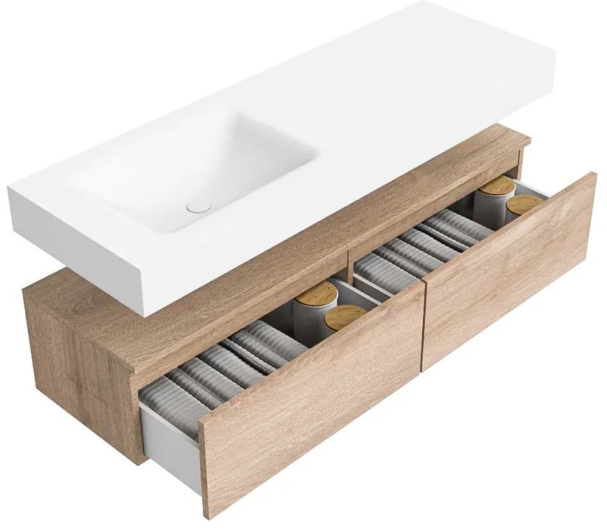Zaro Alan badmeubel 140cm washed oak 2 lades met vrijhangende wastafel cloud links 1 kraangat talc
