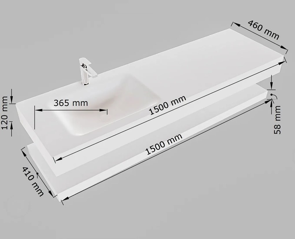 Mondiaz Alan DLux planchet 150cm met wastafel links zonder kraangat opalo