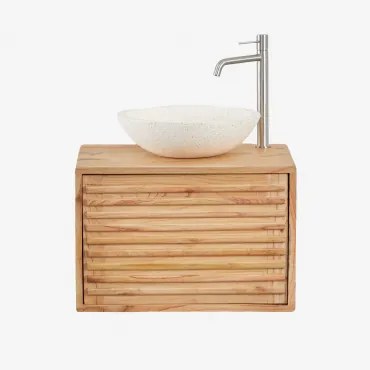Badkamermeubelset Zwevend In Hout Deleyna Natuurlijk Hout & Rond Cement Wit Ø40 Cm Zavion & Spiegelloze & Geborsteld Grijs ↑30 - Sklum