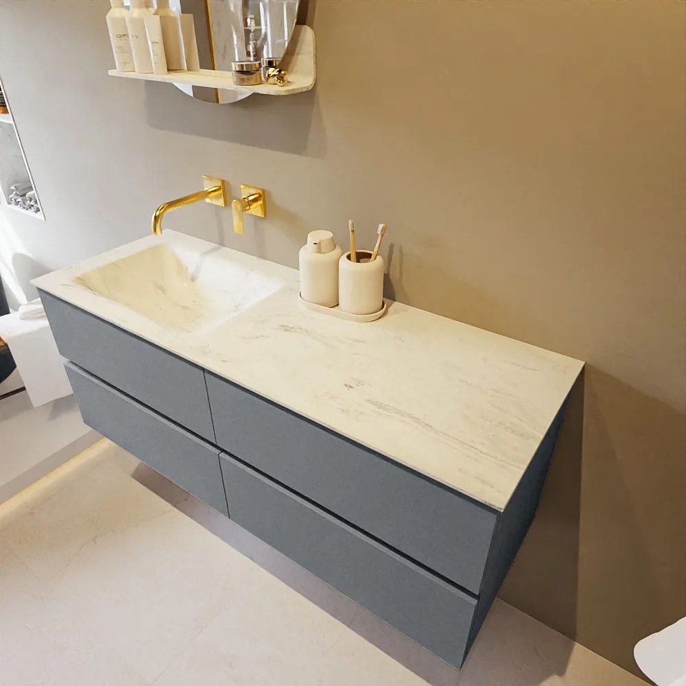 Mondiaz Vica DLux badmeubel 130cm plata 4 lades met wastafel opalo links zonder kraangat