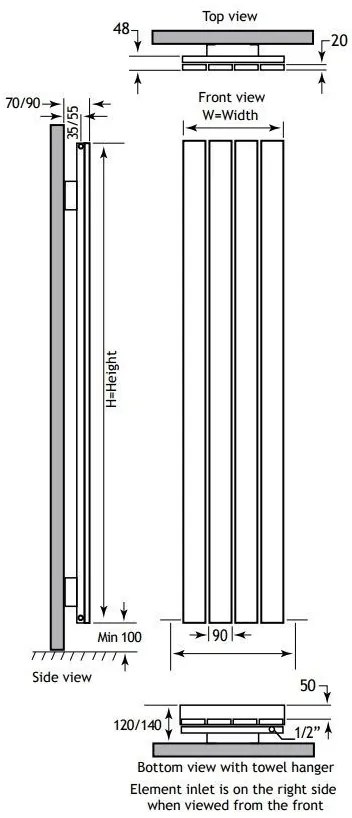 Eastbrook Rosano verticale aluminium radiator 37,5x180cm mat antraciet 1264Watt