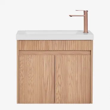 Narek Zwevend Houten Badkamermeubelset Met Geïntegreerde Wastafel Spiegelloze & Ash Brown & ↔︎ 60 Cm & Roségoud Geborsteld ↑20 Cm Met Af - Sklum