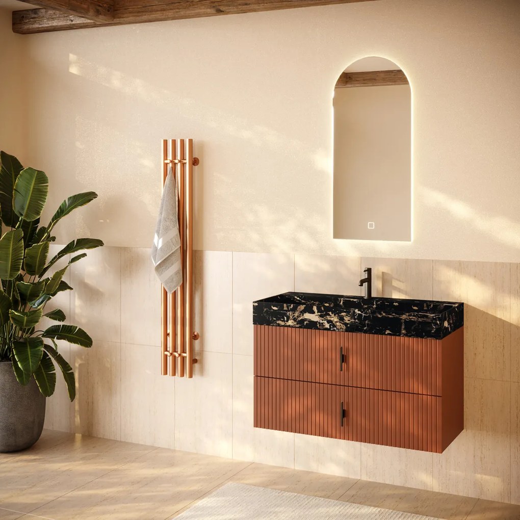 Muebles Murcia badmeubel ribbelfront 100cm terracotta met Portoro Gold wastafel met kraangat