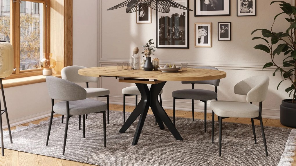 RENZO Artisan Eiken/zwarte poot - RONDE TAFEL Ø110 UITKLAPBAAR TOT 180 cm | VOOR DE KEUKEN EETKAMER WOONKAMER RETRO
