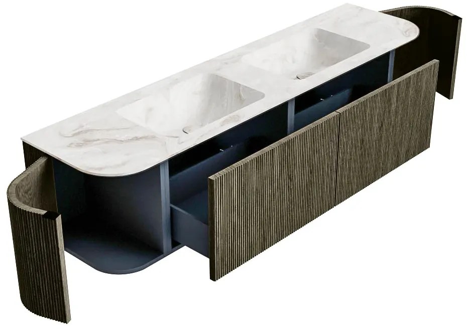 Mondiaz Kurve-dlux 180cm badmeubel ronding links/rechts shadow met 2 lades en deuren en wastafel leaf dubbel 2 kraangaten frappe