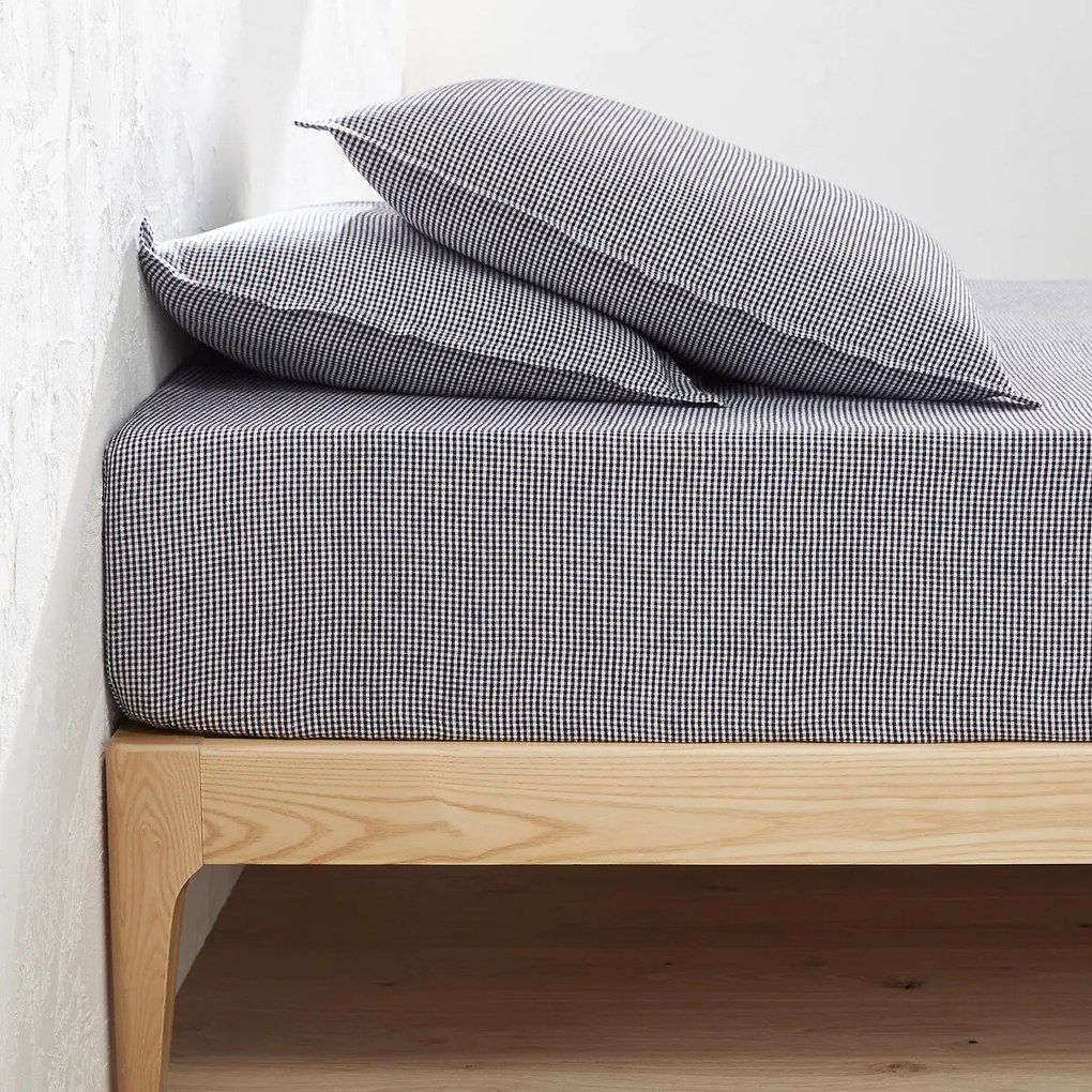 Hoeslaken in gewassen linnen omslag 30 cm,Linot Carreaux