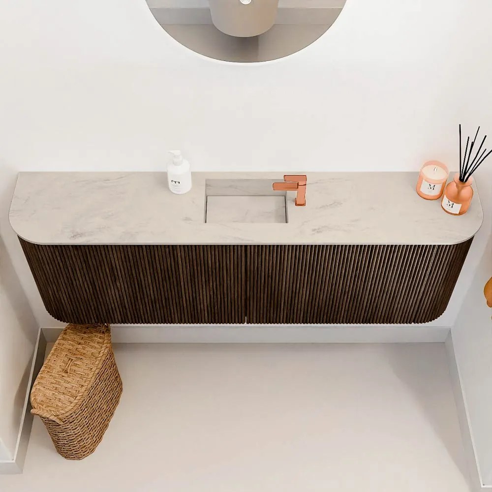 Mondiaz Joya DLux 125cm toiletmeubel ronding links/rechts walnut met wastafel faye midden 1 kraangat opalo
