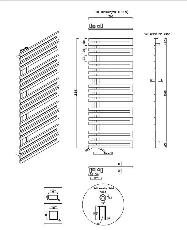 Sapho Volga radiator roestvrij staal 50x124cm 311W