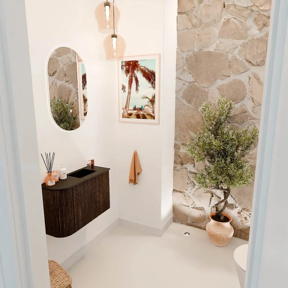 Mondiaz Joya 60cm toiletmeubel ronding links walnut met wastafel faye rechts 1 kraangat urban