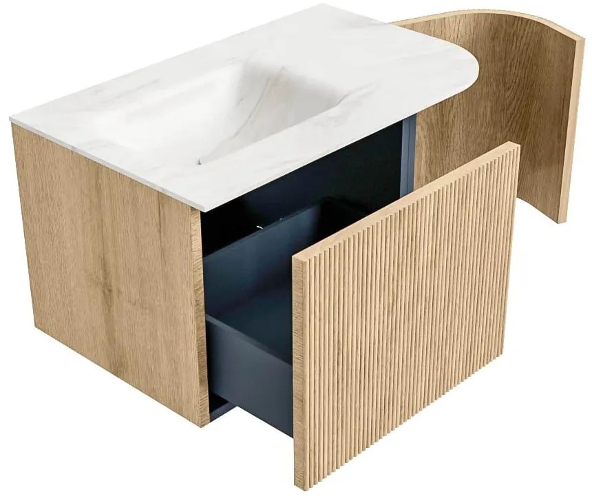 Mondiaz Kurve-dlux 75cm badmeubel ronding rechts oak met 1 lade en deur en wastafel grunne links zonder kraangat ostra