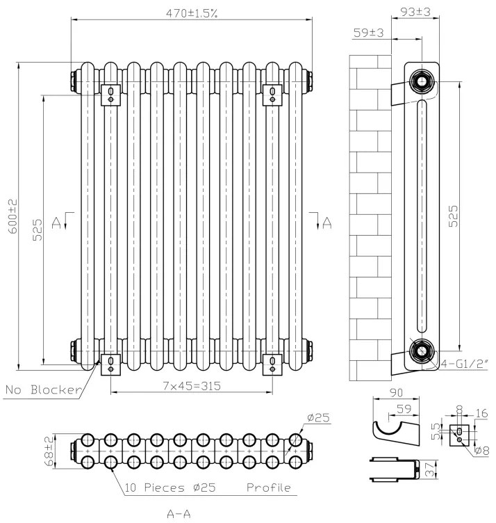 Eastbrook Imperia 2 koloms radiator 45x60cm 639W antraciet