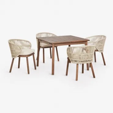 Uitschuifbare Eettafelset 100-160x100 Cm Karvia En 4 Tuinstoelen Van Acaciahout En Gevlochten Touw Capri Beige – Crème - Sklum