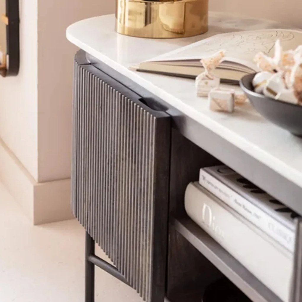 Ovaal Tv-meubel Zwart Met Wit Marmer - 150x40x54cm.