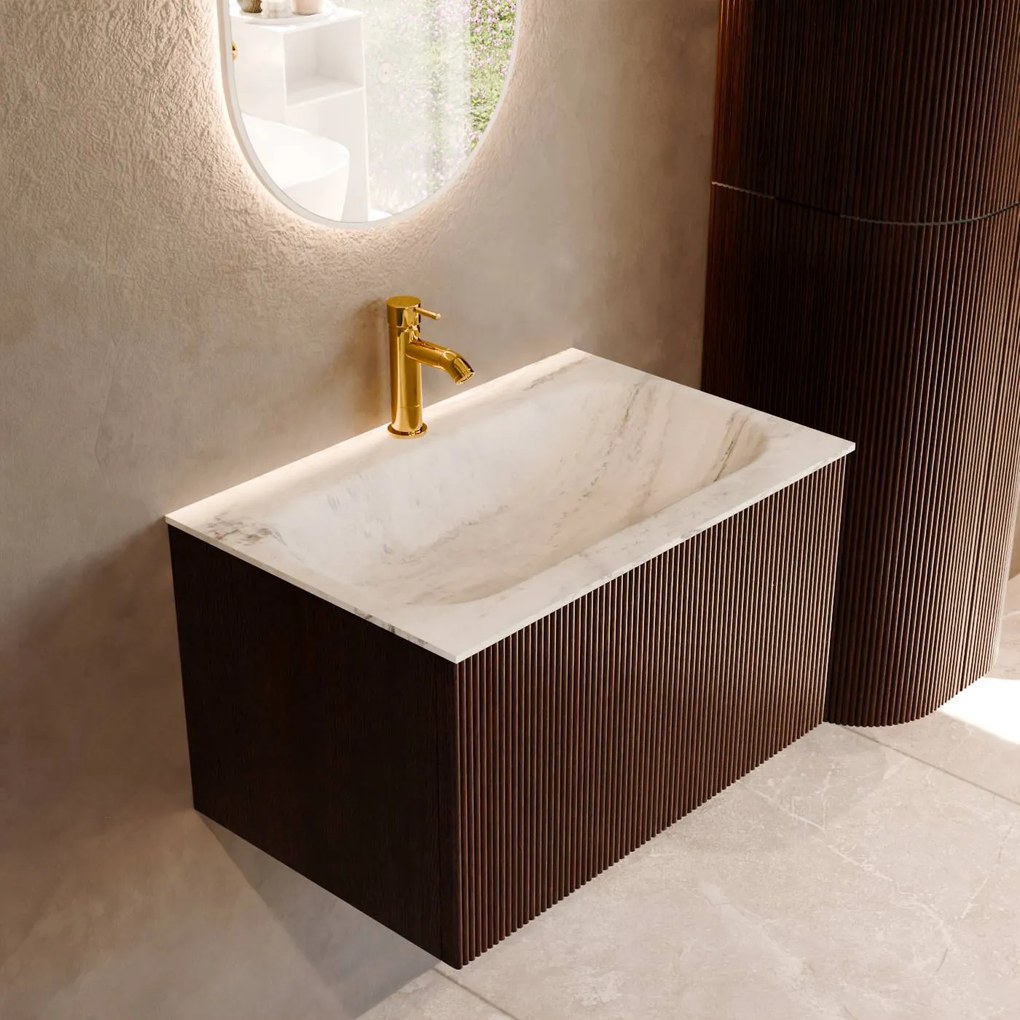 Mondiaz Kurve-dlux 70cm badmeubel ruby met 1 lade en wastafel big small midden 1 kraangat opalo