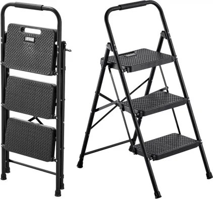 VEVOR 3-treden opvouwbare ladder met antislip treden en comfortabele handgreep, huishoudladder met een draagvermogen van 272 kg, opvouwbare opstap, veiligheidsladder voor keuken, huis en kantoor, zwart