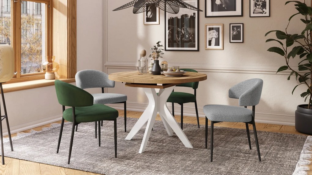 RENZO Wotan Eiken/witte poot - RONDE TAFEL Ø110 UITKLAPBAAR TOT 180 cm | VOOR DE KEUKEN EETKAMER WOONKAMER RETRO