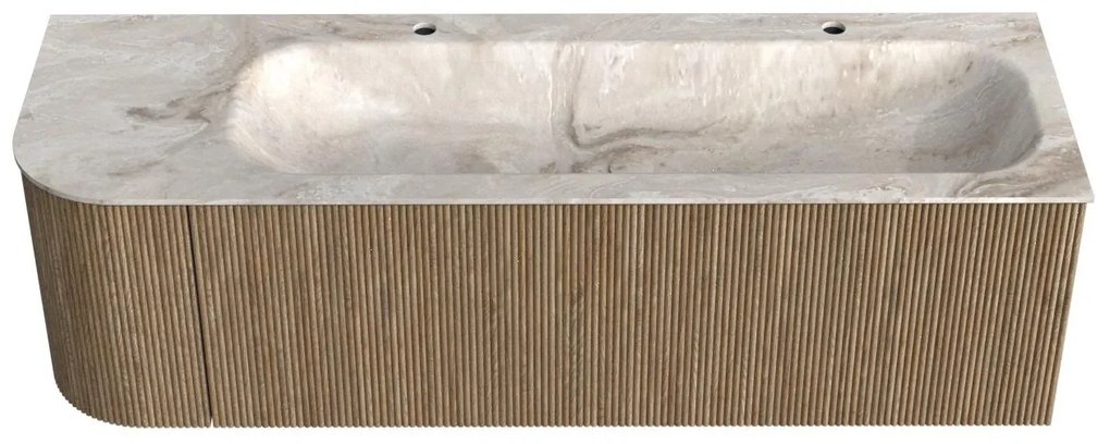Mondiaz Kurve-dlux 145cm badmeubel ronding links dusk met 1 lade en deur en wastafel big large rechts 2 kraangaten frappe