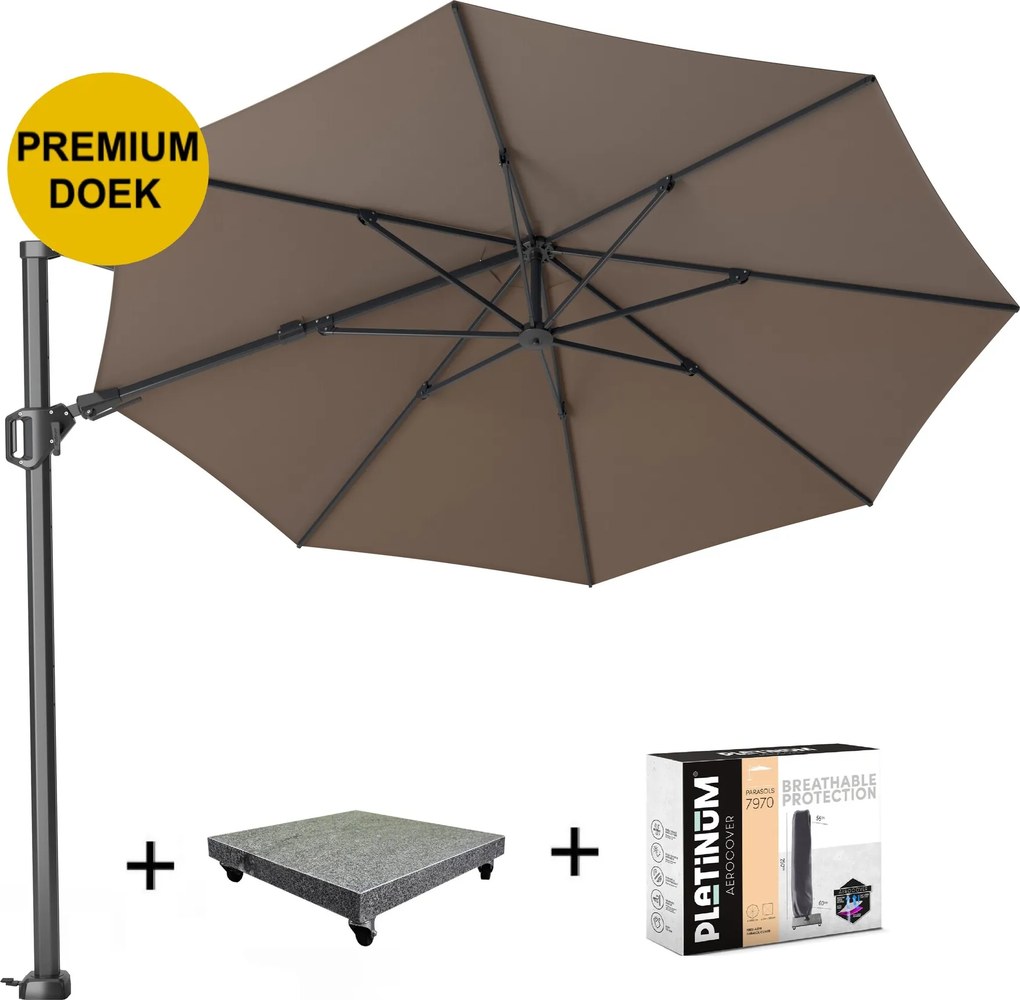 Challenger T2 premium zweefparasol 350 cm rond havana met 90KG voet en hoes