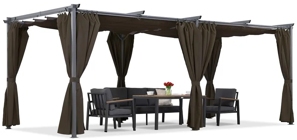 Bruine La Palma terraspergola 3x6m met Garden Point gordijnen