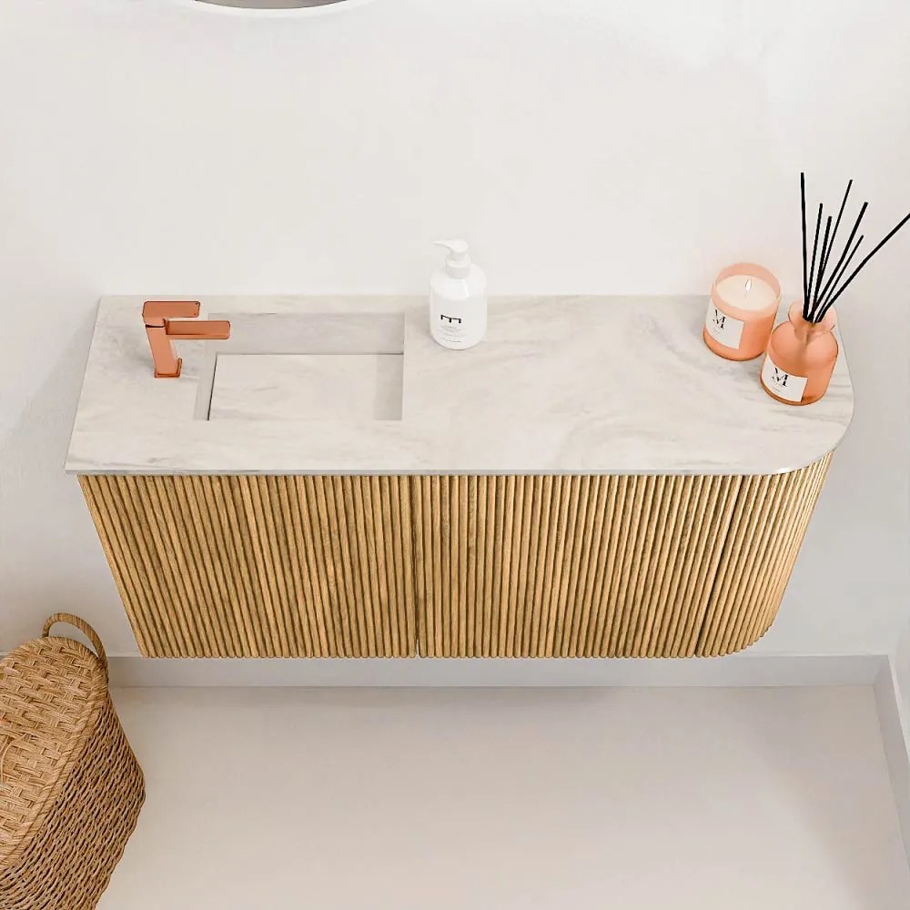 Mondiaz Joya DLux 80cm toiletmeubel ronding rechts oak met wastafel faye links 1 kraangat ostra