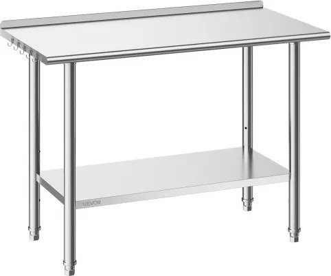 VEVOR Gasto werktafel 1219 x 610 x 894 mm, roestvrijstalen tafel met 2 niveaus, opstaande rand en in hoogte verstelbare schappen. Bovenste schap (245 kg), onderste schap (204 kg). Voorbereidingstafel voor restaurants.