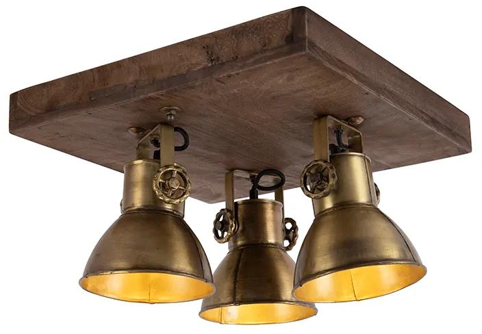 Plafondlamp brons met hout 3-lichts - Mangoes Industriele / Industrie / Industrial E27 vierkant Binnenverlichting Lamp