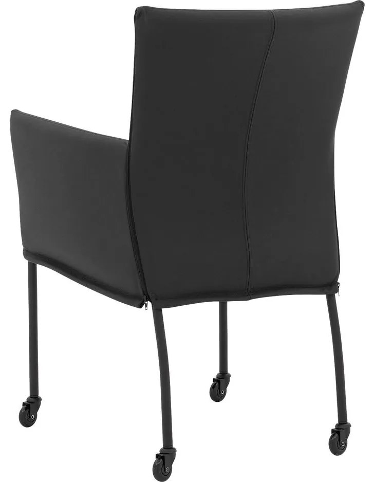 Goossens Eetkamerstoel Funk Zwarte Poten zwart leer met armleuning en Zwart skater wiel met zwarte kapmet wielen, modern design