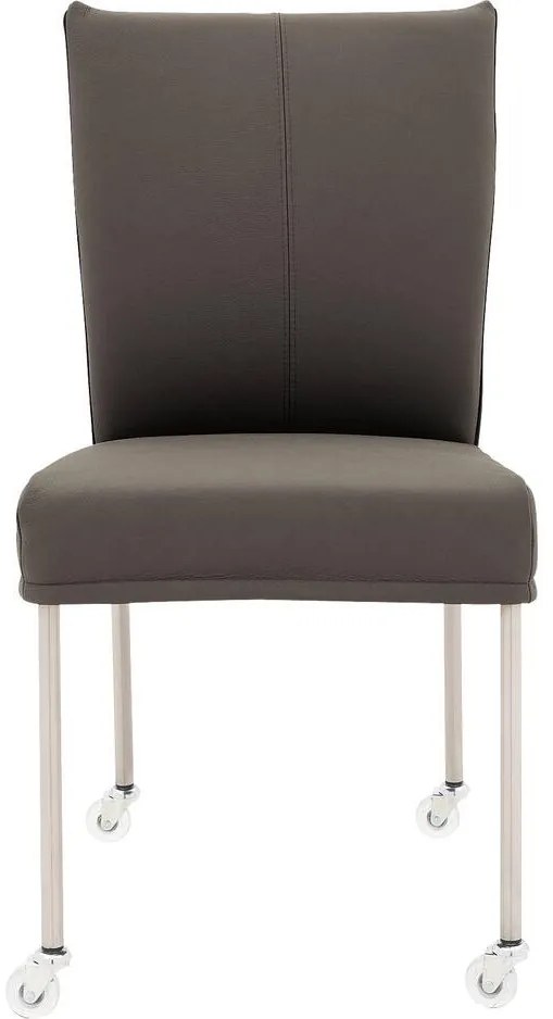 Goossens Eetkamerstoel Funk RVS Poten grijs leer leuning en Transparant skater wiel met rvs kapmet wielen, modern design