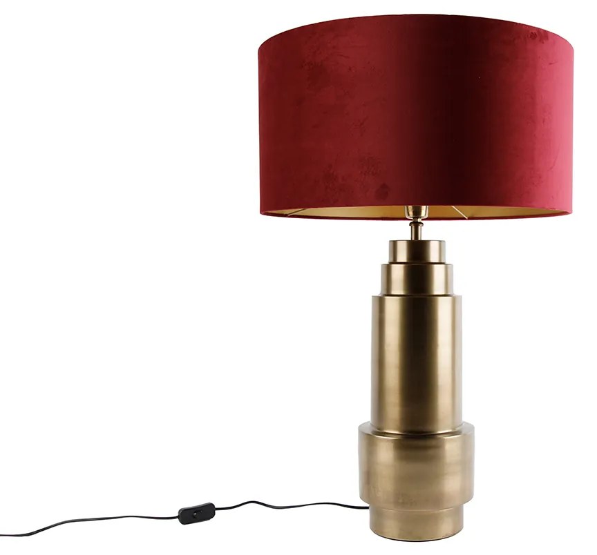 Tafellamp brons velours kap rood met goud 50 cm - Bruut Art Deco E27 rond Binnenverlichting Lamp